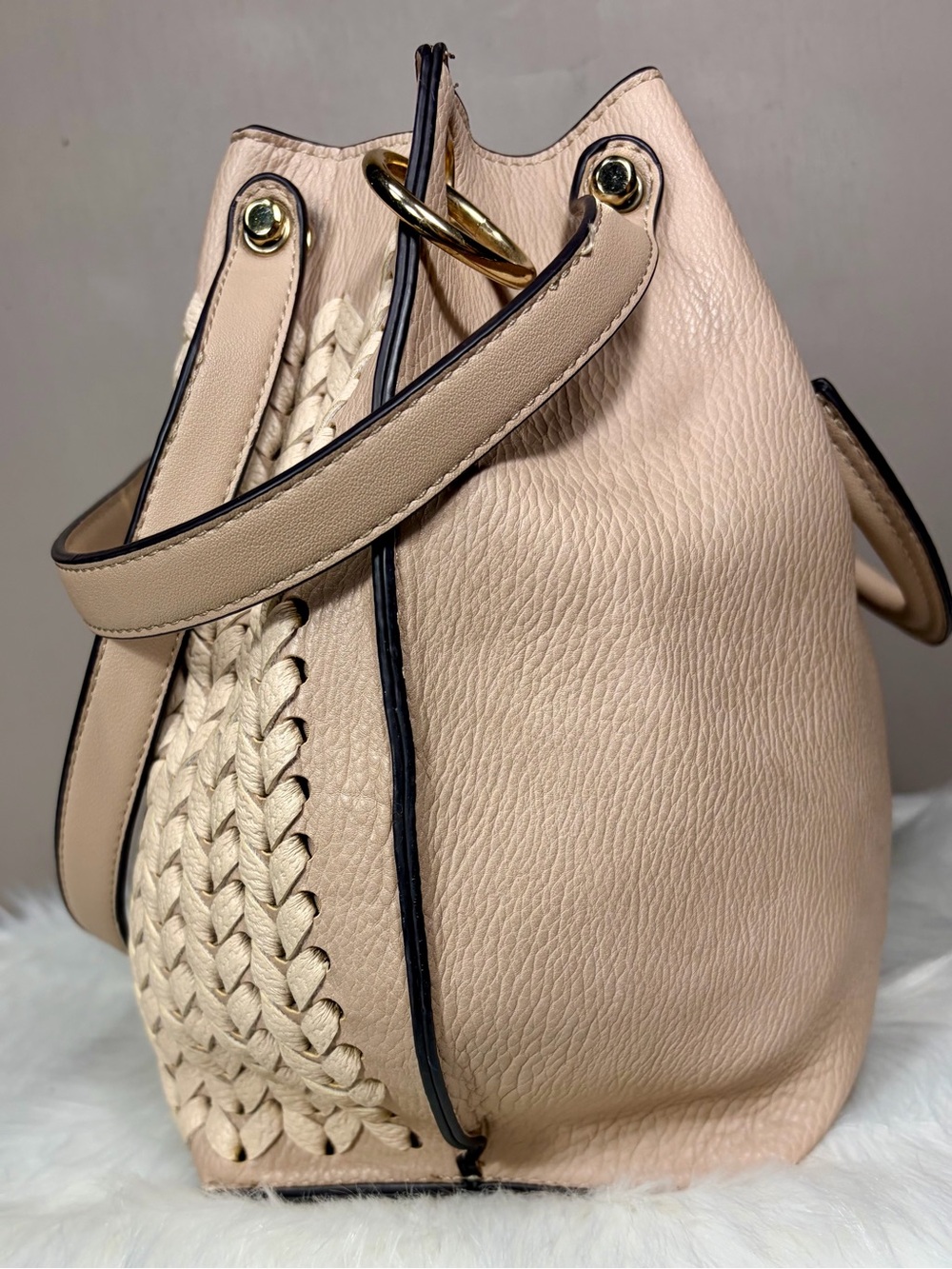 SONDRA ROBERTS Beige Woven Satchel w/Gold Hardware - Picture 12 of 13